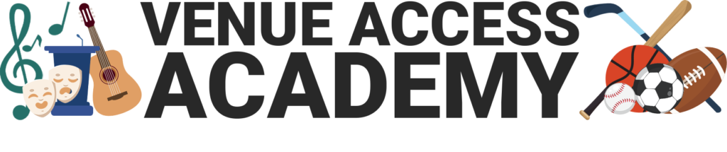 Venue Access Academy logo that includes entertainment images to the left and sports images to the right.