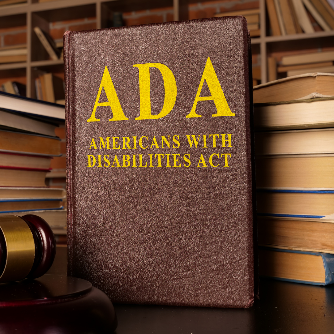A gavel alongside a book titled "ADA: Americans with Disabilities Act."