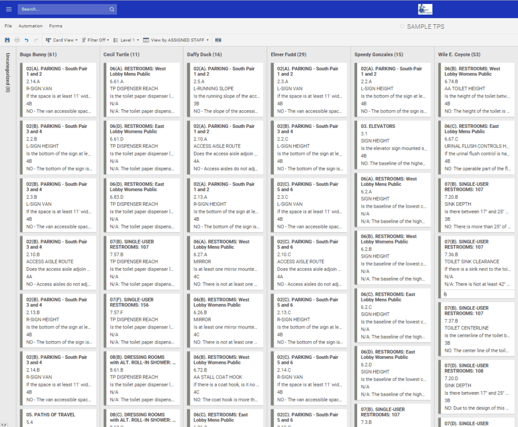 Card view, organized by assigned staff