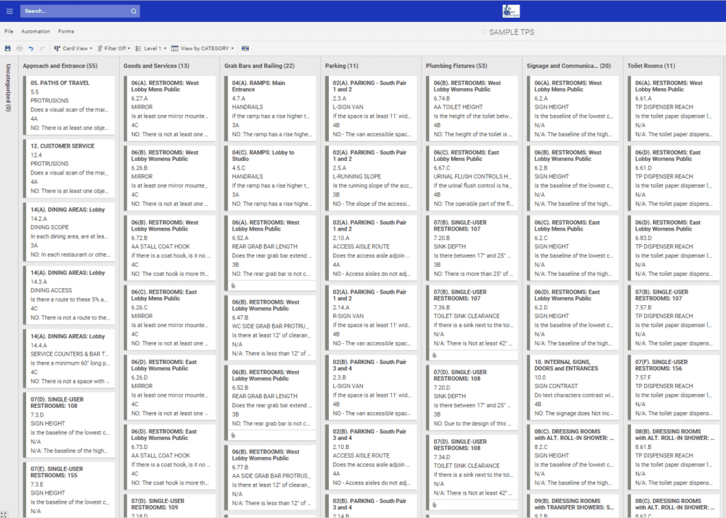 Card view, organized by category